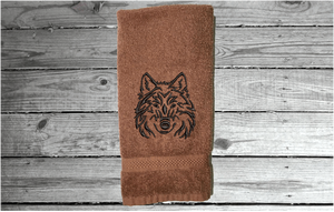 Brown embroidered bath hand towel - wolf head design - bathroom or kitchen farmhouse home decor - personalized animal towel -  kids room, bath supplies for your pet - Borgmanns Creations 3