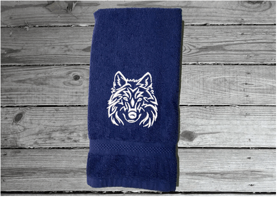 Blue embroidered bath hand towel - wolf head design - bathroom or kitchen farmhouse home decor - personalized animal towel -  kids room, bath supplies for your pet - Borgmanns Creations 4