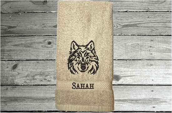 Beige embroidered bath hand towel - wolf head design - bathroom or kitchen farmhouse home decor - personalized animal towel -  kids room, bath supplies for your pet - Borgmanns Creations 5