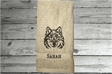 Load image into Gallery viewer, Beige embroidered bath hand towel - wolf head design - bathroom or kitchen farmhouse home decor - personalized animal towel -  kids room, bath supplies for your pet - Borgmanns Creations 5
