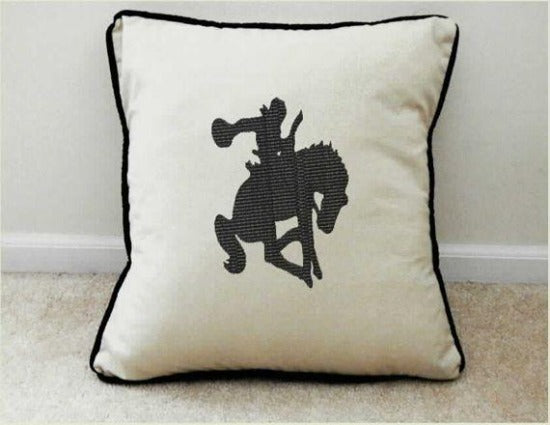 Throw pillow cover, natural color cotton material, black piping around the edge, 18"x 18" or 20" x 20", embroidered silhouette of a bronc rider, Will make a wonderful western accent pillow for your couch, chair, bed, office, or to decorate your entryway - Borgmanns Creations