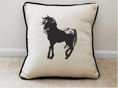 Throw pillow cover, embroidered Appaloosa horse, natural color cotton material, black piping around the edge, 18