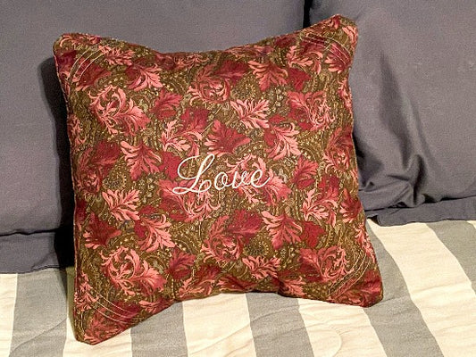 Throw pillow cover 18" x 18", cotton material, batting between top two layers, cord around edges, embroidered " Love" mauve and green, opens in the back, a wonderful gift for mom for sofa or bed, housewarming, birthday, anniversary - Borgmanns Creations 