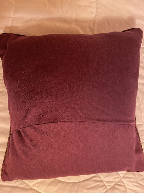 Back side of throw pillow cover 18" x 18", cotton material, batting between top two layers, cord around edges, embroidered " Love" mauve and green, opens in the back, a wonderful gift for mom for sofa or bed, housewarming, birthday, anniversary - Borgmanns Creations 
