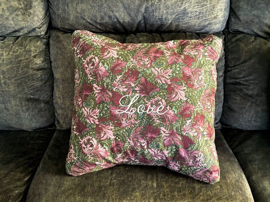 Throw pillow cover 18" x 18", cotton material, batting between top two layers, cord around edges, embroidered " Love" mauve and green, opens in the back, a wonderful gift for mom for sofa or bed, housewarming, birthday, anniversary - Borgmanns Creations 