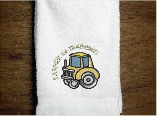 White terry hand towel - embroidered farmer in training design- 16" x 30" -Borgmanns Creations 1