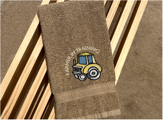 Beige terry hand towel - embroidered farmer in training design- 16" x 27" -Borgmanns Creations 4