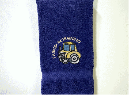 Blue terry hand towel - embroidered farmer in training design- 16" x 27" -Borgmanns Creations 2