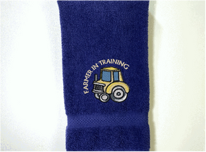 Blue terry hand towel - embroidered farmer in training design- 16" x 27" -Borgmanns Creations 2
