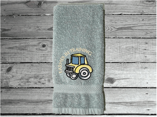 Gray terry hand towel - embroidered farmer in training design- 16" x 27" -Borgmanns Creations 5