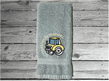 Load image into Gallery viewer, Gray terry hand towel - embroidered farmer in training design- 16&quot; x 27&quot; -Borgmanns Creations 5
