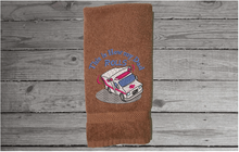 Load image into Gallery viewer, Brown bathroom hand towel - embroidered first responder Paramedic - dad gift from his son/ daughter - kitchen decor - Borgmanns Creations 5
