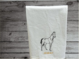 Sunday design days of week embroidered horse design, tea towel flour sack 29" x 29", for your farmhouse kitchen decor, a dish towel set personalized with name of day for each day of the week. Pick your thread color for the days of the week. Order now for a wedding gift, for your best friend gift or give as a housewarming gift, etc. - Borgmanns Creations - 2