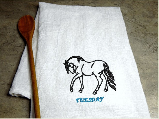 Tuesday design  days of week embroidered horse design, tea towel flour sack 29" x 29", for your farmhouse kitchen decor, a dish towel set personalized with name of day for each day of the week. Pick your thread color for the days of the week. Order now for a wedding gift, for your best friend gift or give as a housewarming gift, etc. - Borgmanns Creations - 4