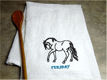 Load image into Gallery viewer, Tuesday design  days of week embroidered horse design, tea towel flour sack 29&quot; x 29&quot;, for your farmhouse kitchen decor, a dish towel set personalized with name of day for each day of the week. Pick your thread color for the days of the week. Order now for a wedding gift, for your best friend gift or give as a housewarming gift, etc. - Borgmanns Creations - 4
