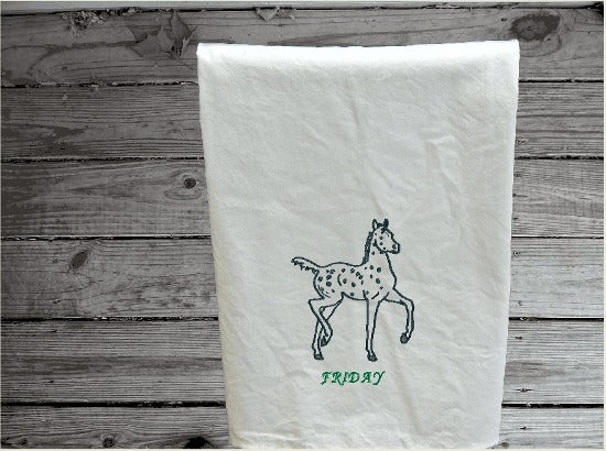 Friday design  days of week embroidered horse design, tea towel flour sack 29" x 29", for your farmhouse kitchen decor, a dish towel set personalized with name of day for each day of the week. Pick your thread color for the days of the week. Order now for a wedding gift, for your best friend gift or give as a housewarming gift, etc. - Borgmanns Creations - 7