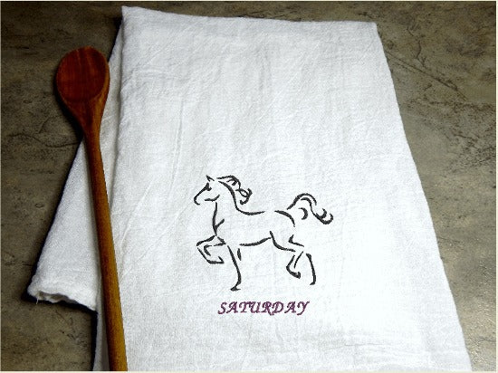 Saturday design  days of week embroidered horse design, tea towel flour sack 29" x 29", for your farmhouse kitchen decor, a dish towel set personalized with name of day for each day of the week. Pick your thread color for the days of the week. Order now for a wedding gift, for your best friend gift or give as a housewarming gift, etc. - Borgmanns Creations - 8