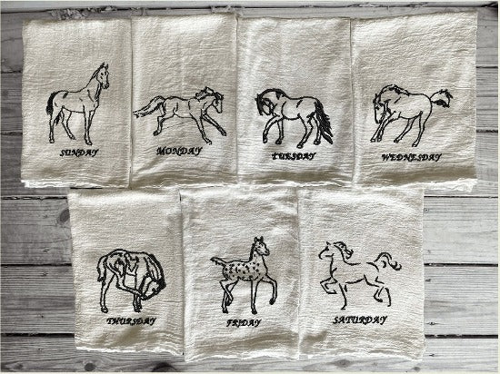 Days of week embroidered horse design, tea towel flour sack 29" x 29", for your farmhouse kitchen decor, a dish towel set personalized with name of day for each day of the week. Pick your thread color for the days of the week. Order now for a wedding gift, for your best friend gift or give as a housewarming gift, etc. - Borgmanns Creations - 1