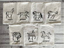 Load image into Gallery viewer, Days of week embroidered horse design, tea towel flour sack 29&quot; x 29&quot;, for your farmhouse kitchen decor, a dish towel set personalized with name of day for each day of the week. Pick your thread color for the days of the week. Order now for a wedding gift, for your best friend gift or give as a housewarming gift, etc. - Borgmanns Creations - 1
