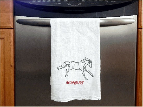 Monday design  days of week embroidered horse design, tea towel flour sack 29" x 29", for your farmhouse kitchen decor, a dish towel set personalized with name of day for each day of the week. Pick your thread color for the days of the week. Order now for a wedding gift, for your best friend gift or give as a housewarming gift, etc. - Borgmanns Creations - 3