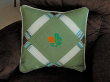 Load image into Gallery viewer, Pine cone pillow cover - denim material batting between top two layers, cord around edges, embroidered design, opens in the back, gift for mom , for sofa or bed, housewarming gift, birthday, anniversary 20&quot; x 20&quot; throw pillow cover to accent the room.  - Borgmanns Creations 
