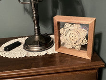 Load image into Gallery viewer, Crochet doily -  one of a kind wall hanging, or it can stand alone on any side -  wonderful gift country farmhouse decor - bedroom decor ideas for your home or a special gift - doily is vintage star pattern between 2 pieces of acrylic and framed in wood-  a piece of material to complement the doily - 7 1/8&quot; H x 7 1/8&quot; W x 1 1/4&quot; D- Borgmanns Creations - 5
