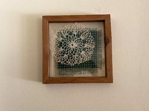 Crochet doily is one of a kind - gift for the farmhouse home decor - gift for mom, grandma, or aunt - the doily is between 2 pieces of acrylic and framed in wood - piece of material to complement doily - can hang from frame or stand alone,  9 3/4" H x 9 3/4" W x 1 1/4" D - Borgmanns Creations - 2