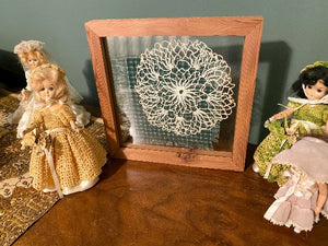 Crochet doily is one of a kind - gift for the farmhouse home decor - gift for mom, grandma, or aunt - the doily is between 2 pieces of acrylic and framed in wood - piece of material to complement doily - can hang from frame or stand alone,  9 3/4" H x 9 3/4" W x 1 1/4" D - Borgmanns Creations - 4