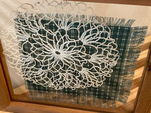 Load image into Gallery viewer, Crochet doily is one of a kind - gift for the farmhouse home decor - gift for mom, grandma, or aunt - the doily is between 2 pieces of acrylic and framed in wood - piece of material to complement doily - can hang from frame or stand alone,  9 3/4&quot; H x 9 3/4&quot; W x 1 1/4&quot; D - Borgmanns Creations - 3
