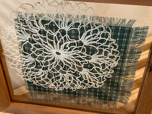 Crochet doily is one of a kind - gift for the farmhouse home decor - gift for mom, grandma, or aunt - the doily is between 2 pieces of acrylic and framed in wood - piece of material to complement doily - can hang from frame or stand alone,  9 3/4" H x 9 3/4" W x 1 1/4" D - Borgmanns Creations - 3