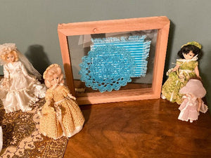 Crochet doily art one of a kind - farmhouse decor - gift for mom, grandma, or aunt - the doily is between 2 pieces of acrylic and framed in 1 1/4" wood - free standing or hang by frame -1 1/4" H x 10 1/4" W x 1 1/4" D - Borgmanns Creations - 1