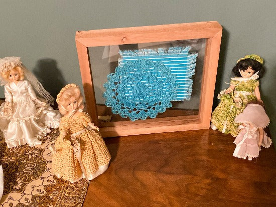 Crochet doily art one of a kind - farmhouse decor - gift for mom, grandma, or aunt - the doily is between 2 pieces of acrylic and framed in 1 1/4