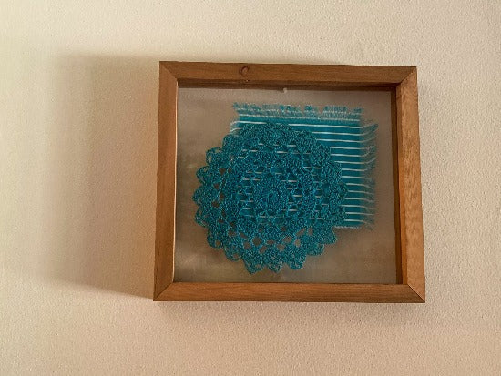 Crochet doily art one of a kind - farmhouse decor - gift for mom, grandma, or aunt - the doily is between 2 pieces of acrylic and framed in 1" wood - free standing or hang by frame -1 1/4" H x 10 1/4" W x 1 1/4" D - Borgmanns Creations - 2
