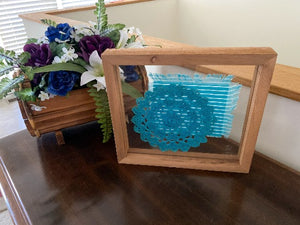 Crochet doily art one of a kind - farmhouse decor - gift for mom, grandma, or aunt - the doily is between 2 pieces of acrylic and framed in 1" wood - free standing or hang by frame -1 1/4" H x 10 1/4" W x 1 1/4" D - Borgmanns Creations - 3