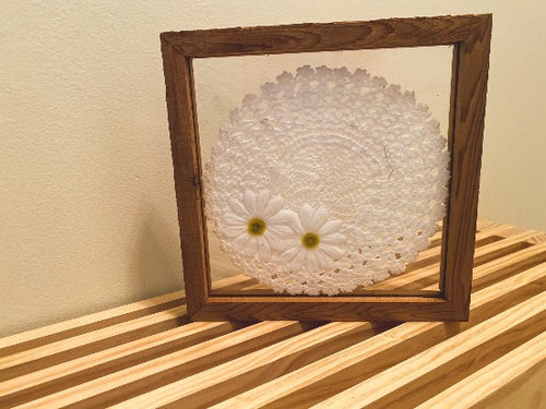 Crochet doily art one of a kind - white doily with 2 white flowers with green centers - wall hanging, or it can stand alone on any side - wonderful gift for the country farmhouse decor - bedroom decor ideas - doily is set between 2 pieces of acrylic and framed in wood. 10