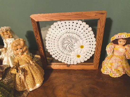 Crochet doily art one of a kind - white doily with 2 white flowers with green centers - wall hanging, or it can stand alone on any side - wonderful gift for the country farmhouse decor - bedroom decor ideas - doily is set between 2 pieces of acrylic 
