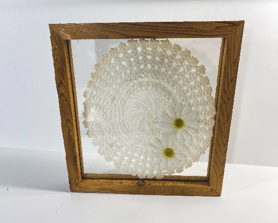 Crochet doily art one of a kind - white doily with  white flowers with green centers - wall hanging, or it can stand alone on any side - wonderful gift for the country farmhouse decor - bedroom decor ideas - doily is set between 2 pieces of acrylic and framed in wood. 10" H x 10" W x 1 1/4" D - Borgmanns Creations - 4
