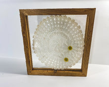 Load image into Gallery viewer, Crochet doily art one of a kind - white doily with  white flowers with green centers - wall hanging, or it can stand alone on any side - wonderful gift for the country farmhouse decor - bedroom decor ideas - doily is set between 2 pieces of acrylic and framed in wood. 10&quot; H x 10&quot; W x 1 1/4&quot; D - Borgmanns Creations - 4
