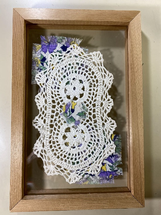 Crochet doily one of a kind art wall hanging or stand alone on any side - gift for the country farmhouse decor - bedroom decor ideas - doily framed  between 2 pieces of acrylic with material to complement doily 13 1/4" H x 8 3/4" W x 1 1/4" D - Borgmanns Creations - 1