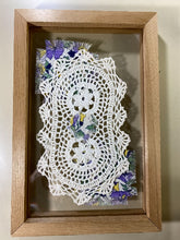 Load image into Gallery viewer, Crochet doily one of a kind art wall hanging or stand alone on any side - gift for the country farmhouse decor - bedroom decor ideas - doily framed  between 2 pieces of acrylic with material to complement doily 13 1/4&quot; H x 8 3/4&quot; W x 1 1/4&quot; D - Borgmanns Creations - 1
