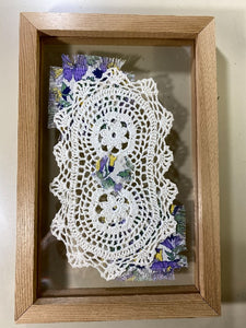 Crochet doily one of a kind art wall hanging or stand alone on any side - gift for the country farmhouse decor - bedroom decor ideas - doily framed  between 2 pieces of acrylic with material to complement doily 13 1/4" H x 8 3/4" W x 1 1/4" D - Borgmanns Creations - 1