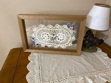 Load image into Gallery viewer, Crochet doily one of a kind art wall hanging or stand alone on any side - gift for the country farmhouse decor - bedroom decor ideas - doily framed  between 2 pieces of acrylic with material to complement doily 13 1/4&quot; H x 8 3/4&quot; W x 1 1/4&quot; D - Borgmanns Creations - 2
