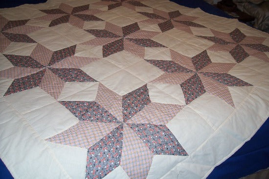 Eight Star Quilt,  All cotton pieces were hand stitched in the 1950's, and I finished putting on the backing by hand quilting in 1999, and it has poly filling in the center. 69" x 69",  farmhouse bedroom decor, throw cover, wall hanging or a bed quilt. - Borgmanns Creations 1