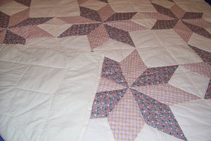 Eight Star Quilt, All cotton pieces were hand stitched in the 1950's, and I finished putting on the backing by hand quilting in 1999, and it has poly filling in the center. 69" x 69", farmhouse bedroom decor, throw cover, wall hanging or a bed quilt. - Borgmanns Creations 5