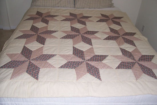 Eight Star Quilt, All cotton pieces were hand stitched in the 1950's, and I finished putting on the backing by hand quilting in 1999, and it has poly filling in the center. 69" x 69", farmhouse bedroom decor, throw cover, wall hanging or a bed quilt. - Borgmanns Creations 4