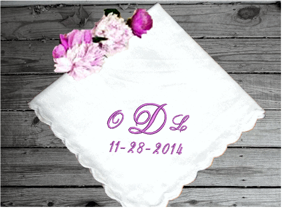 Mother of the bride gift a cherished gift for mom - embroidered wedding handkerchief with initials - custom order yours today -  bridal shower - white cotton handkerchief, scalloped edges, 11" x 11" - Borgmanns Creations - 1