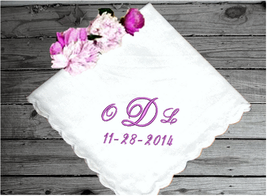Mother of the bride gift a cherished gift for mom - embroidered wedding handkerchief with initials - custom order yours today -  bridal shower - white cotton handkerchief, scalloped edges, 11" x 11" - Borgmanns Creations - 1