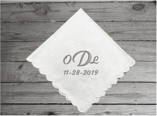 Mother of the bride gift a cherished gift for mom - embroidered wedding handkerchief with initials - custom order yours today -  bridal shower - white cotton handkerchief, scalloped edges, 11" x 11" - Borgmanns Creations - 4