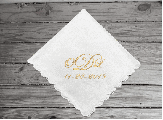 Mother of the bride gift a cherished gift for mom - embroidered wedding handkerchief with initials - custom order yours today -  bridal shower - white cotton handkerchief, scalloped edges, 11" x 11" - Borgmanns Creations - 3