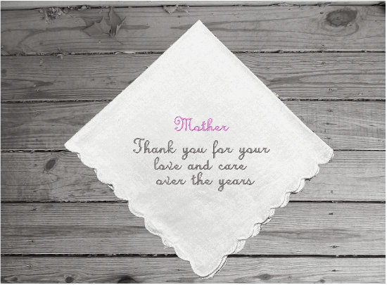 Mother of the bride gift - embroidered handkerchief for mom from her daughter/ son on their wedding day - white cotton handkerchief, scalloped edges, 11" x 11" - this mother of the bride wedding handkerchief will always be a cherished gift - the perfect gift you are looking for - Borgmanns Creations - 3